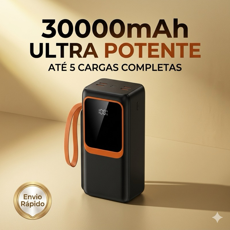 Power Bank 30.000mAh 66W Carregador Portátil PD Ultra Rápido Turbo iPhone Android Com Cabo Integrado