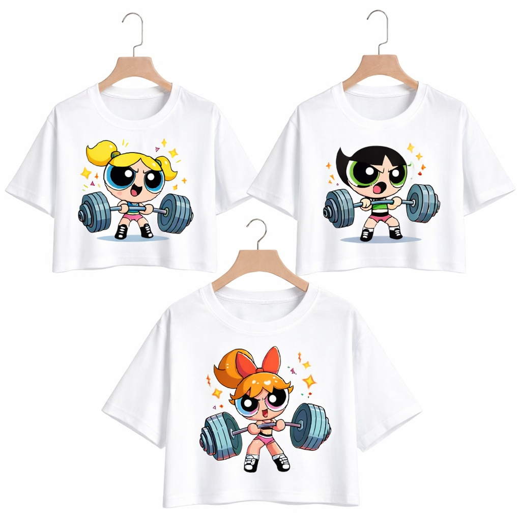 Kit 3 Cropped Blusa T-shirt Feminina Tecido Premium Estampado Super Poderosas Academia Dia a Dia