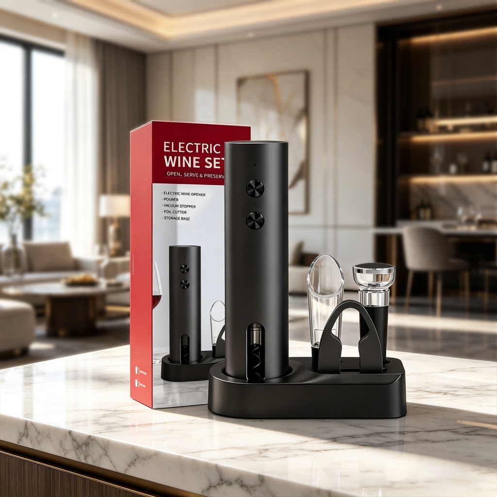 Kit Abridor Saca-rolhas Elétrico de Vinho Tinto Premium Automático, Inclui Rolha, Cortador e Aerador