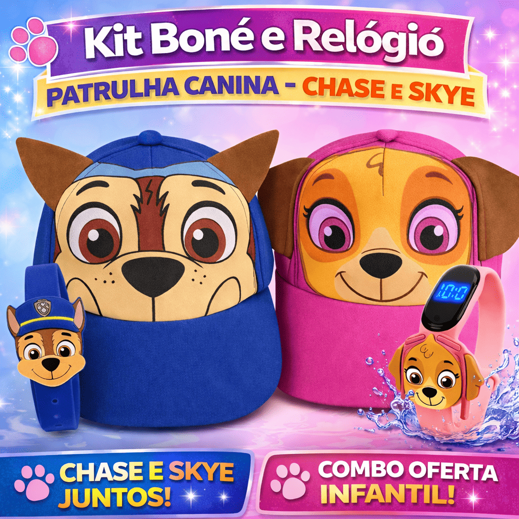 Kit Patrulha Canina Infantil Boné + Relógio Digital À Prova D’Água Chase ou Skye em Oferta na Shopee