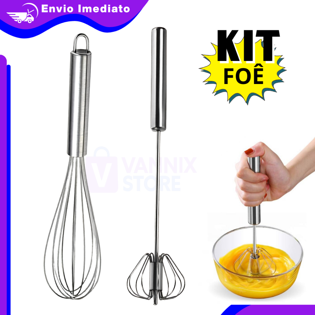 Foê Fouet Inox Premium Profissional + Batedor Manual Creme Ovos Massa Alta Resistência mix manual