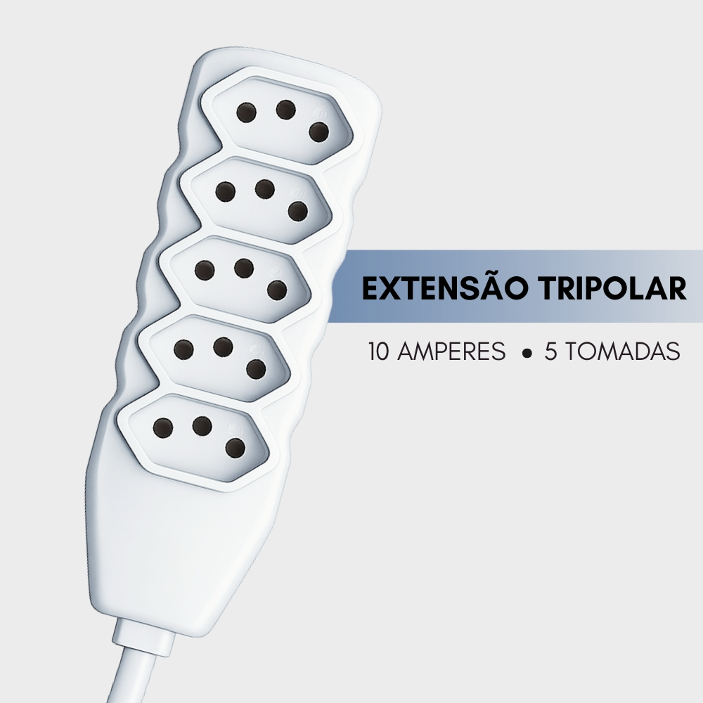 Extensão elétrica Slim 3 metros 5 tomadas bivolt 110v 220v branco 10 amperes tripolar Force Line