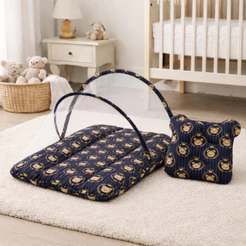 Kit Berço Portatil com Tela Anti Inseto Acolchoado + Travesseiro Bebê Anatômico Tecido Estampado