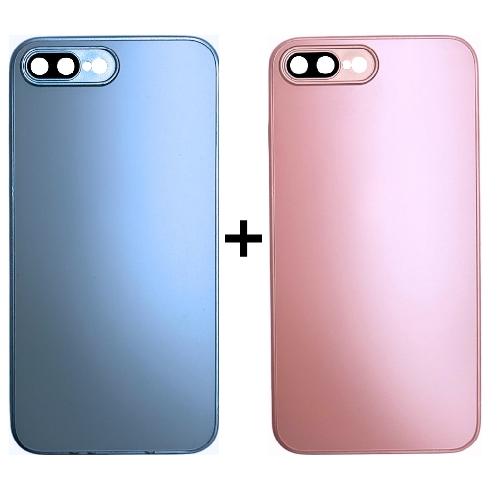 Kit 2 Capas Vidro Fosco Iphone 7 Plus e 8 Plus Azul Claro e Rosa Claro Silicone Fechada na Câmera Colorida Resistente