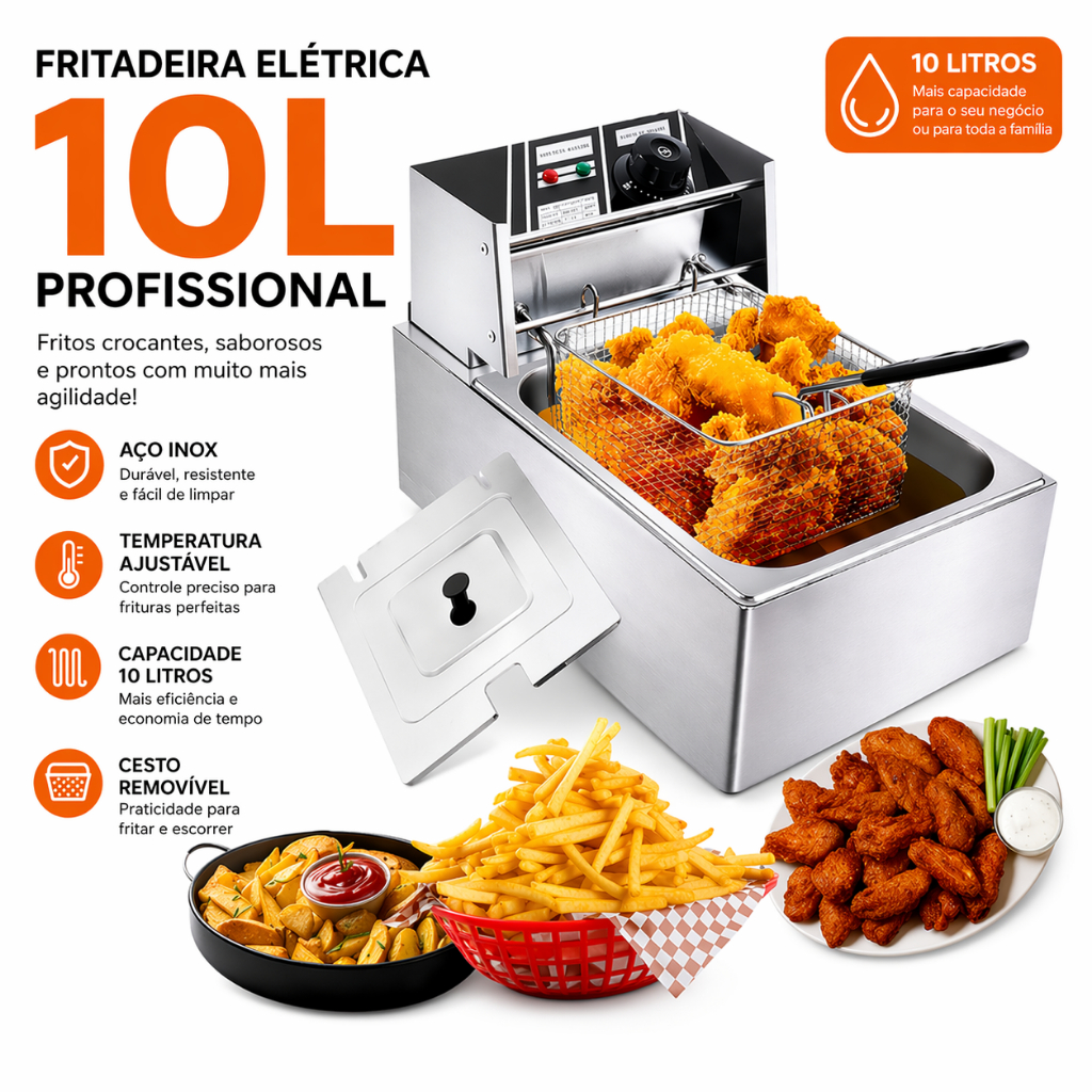 Fritadeira Elétrica Industrial 10L Aço Inox 110V 220V Alta Potência Para Batata e Salgados