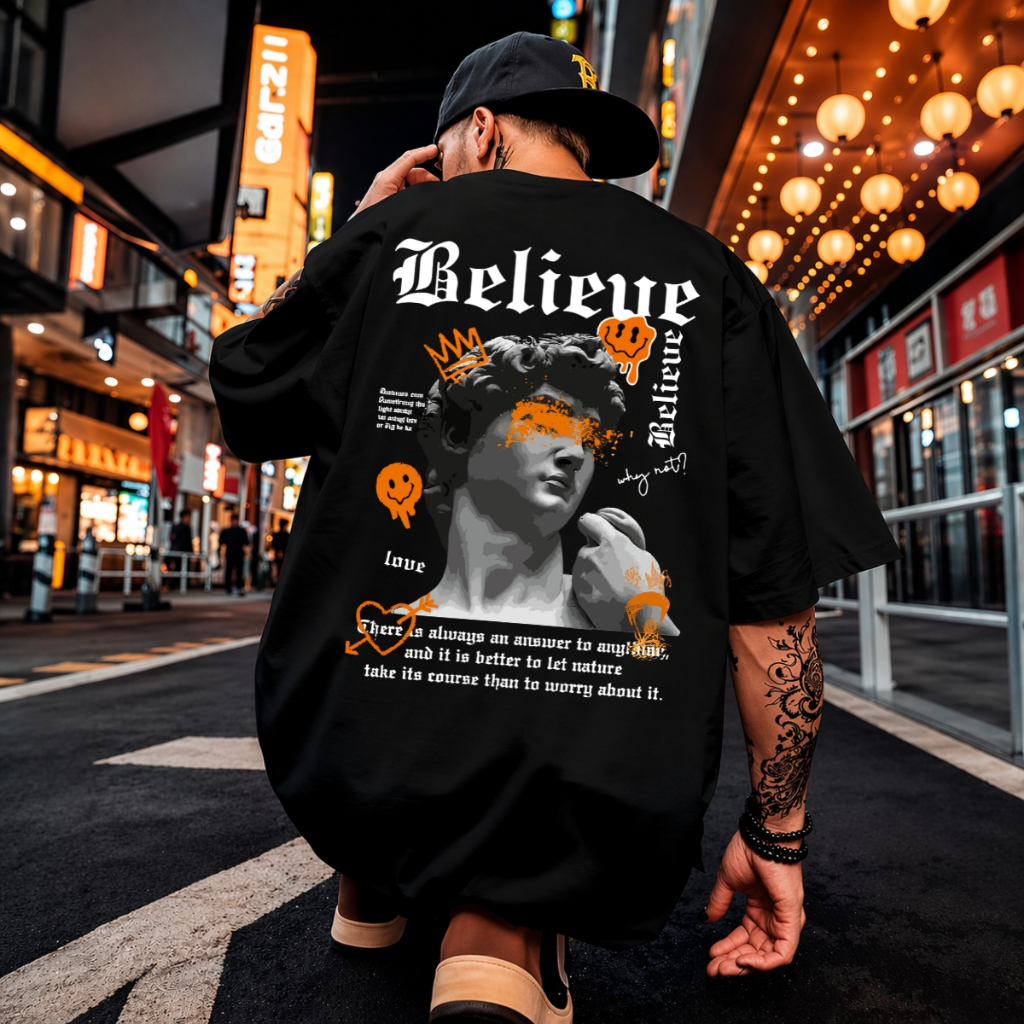 Camiseta Oversized Estampada Believe Aesthetic Minimalista Algodão Masculina Gola Redonda Estátua
