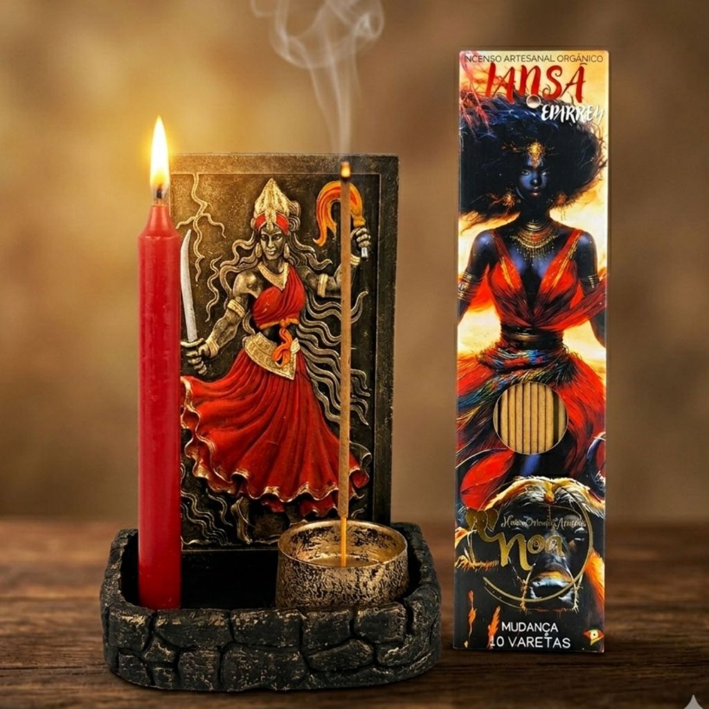 Altar Orixá Iansã com Porta Incenso e Porta Vela Decorativo Umbanda Candomblé Resina 17cm