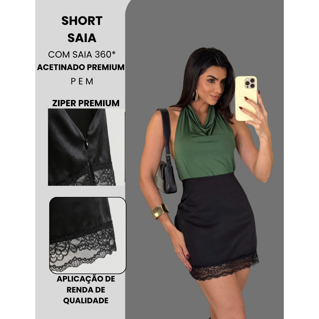 Short Saia Curta Feminino Saia 360 Short Por Baixo Acetinada Aplicação Bainha De Renda Tendencia Inverno Gringa