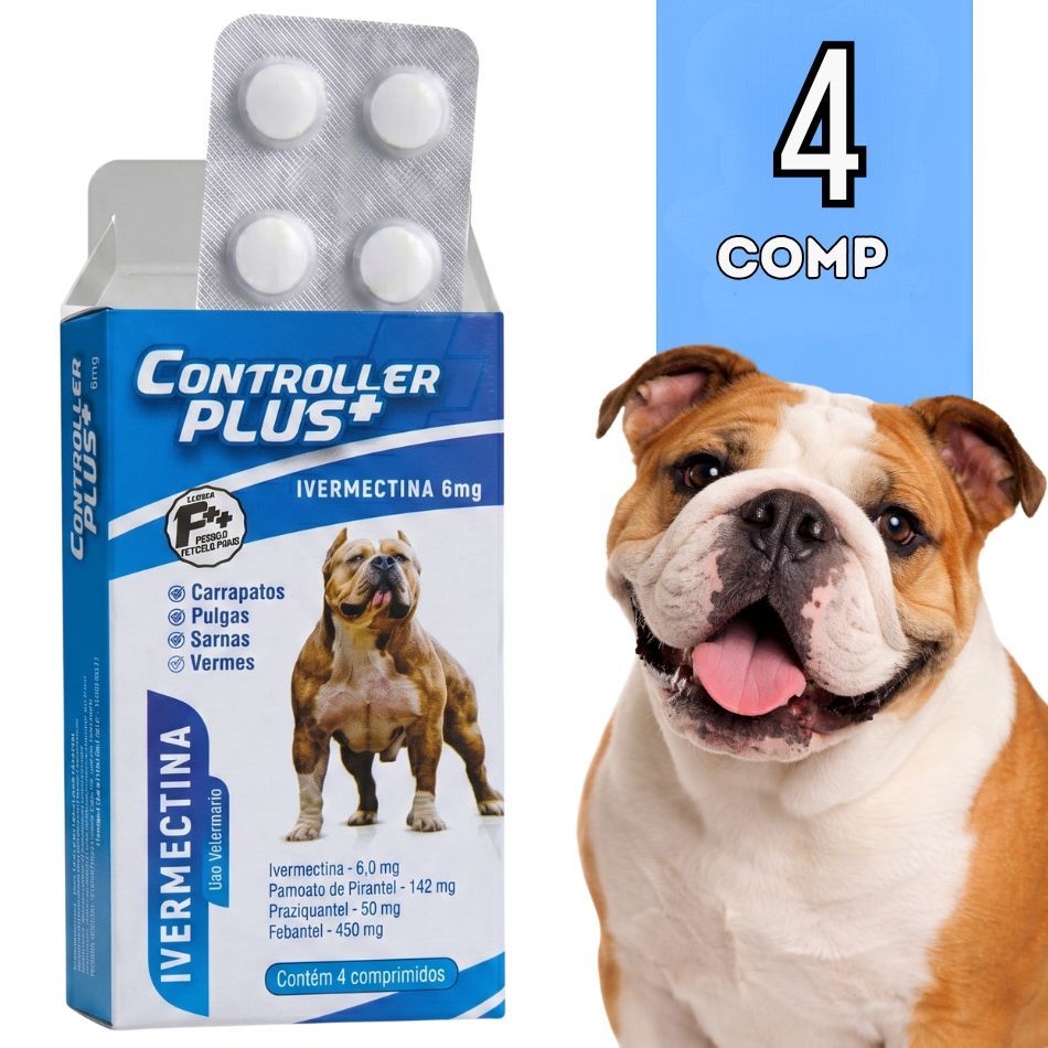 Controller Plus 6mg | Remédio Anti Pulgas, Carrapatos, Sarnas E Vermes 4 Comp Para Cães 30kg