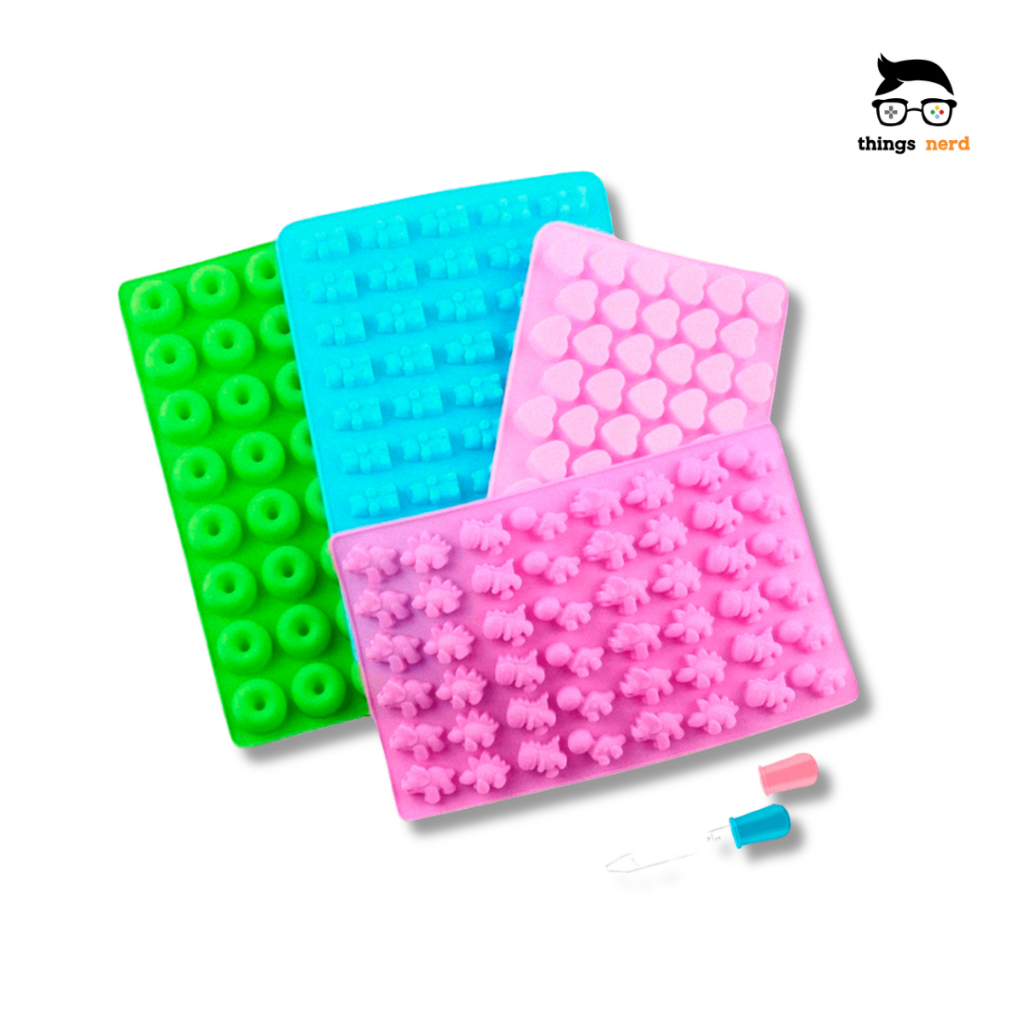 Kit 4 Moldes Silicone Ursinho Gummy Bear Dinossauro Coração Rosquinha Doce Conta Gotas Confeitaria