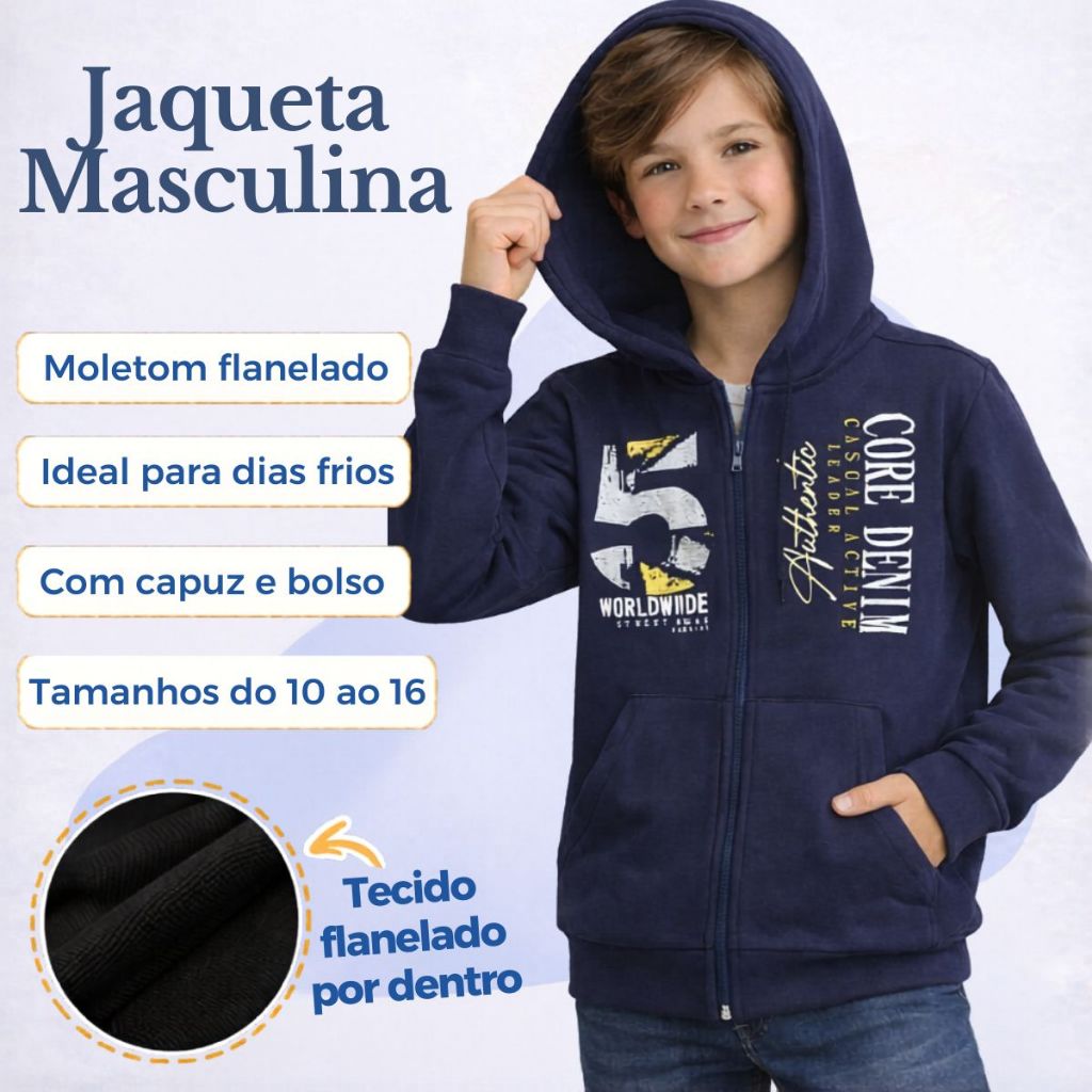 Agasalho Jaqueta Casaco Blusa de frio Moletom Flanelado Infantil Juvenil Menino Bolso Capuz e Ziper Estampa 3078-A