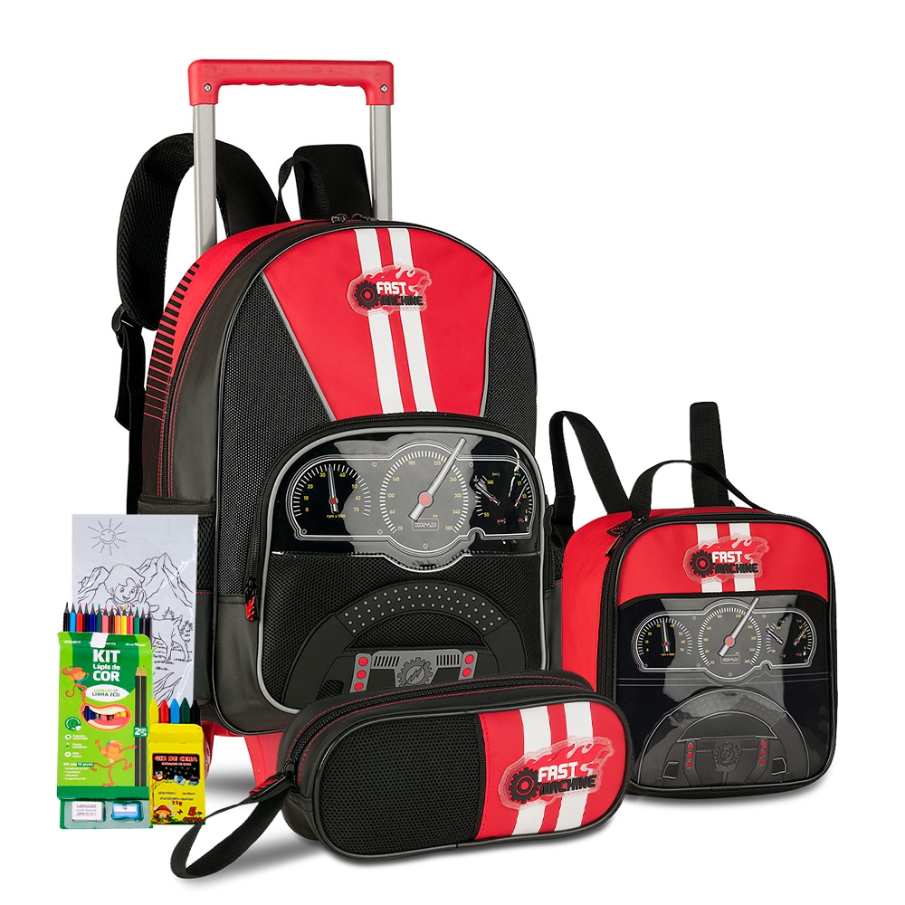 Kit Mochila Fast Machine Carros Rodinha Costas Meninos Escolar Lancheira Térmica Estojo Zíper