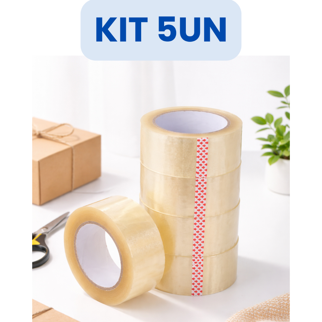 Kit 5 Fitas Adesivas 45mm x100 metros Transparente Forte Para Embalar