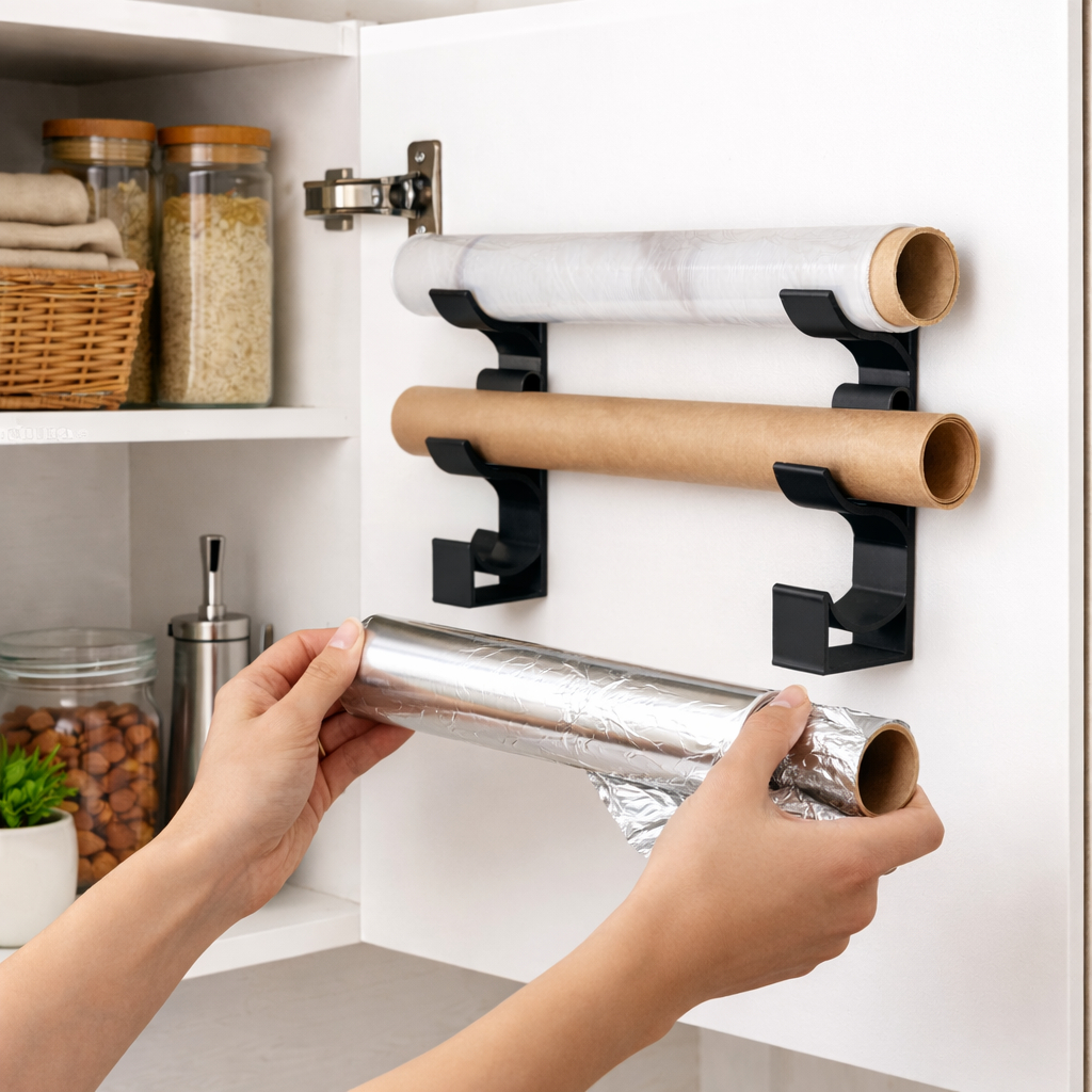 suporte rolo papel alumínio e filme plástico papel manteiga Organizador de cozinha Porta rolos PVC