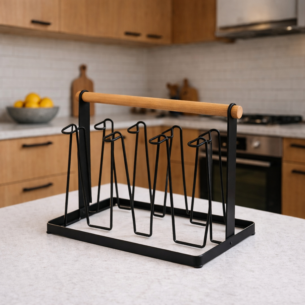 Suporte Porta 6 Copos Escorredor de Ferro e Bambu Organização De Bancada Cozinha Pia Mesa