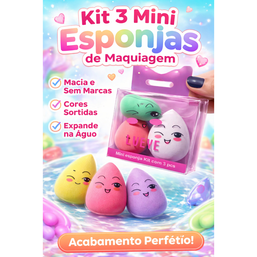 Kit 3/12 Atacado 3 Mini Esponjas de Maquiagem Beauty Blender Base Corretivo Acabamento Profissional