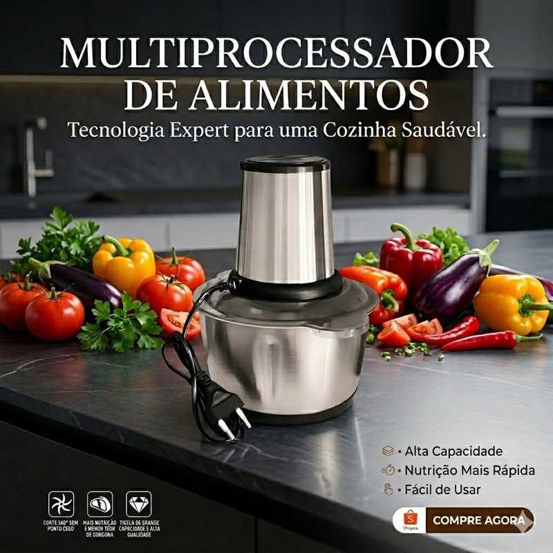 Processador de Alimentos 2L/3L Triturador Elétrico Inox Moedor de Carne Legumes Temperos Processador Potente Cozinha