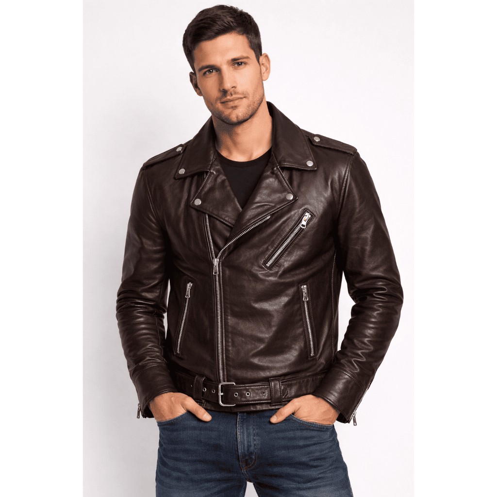 Jaqueta Masculina Couro Legítimo Modelo Rock Marrom Café Premium