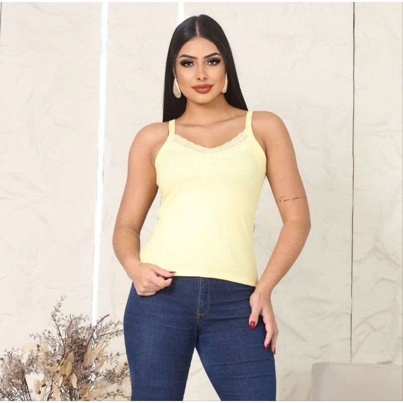 BLUSA FEMININA RENDA ALÇA FINA CANELADO ALGODÃO PREMIUM