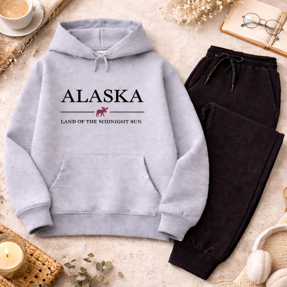 Conjunto Infantil com Capuz Estampado Escrito Alaska Masculino e Feminino Inverno Confortável Premium