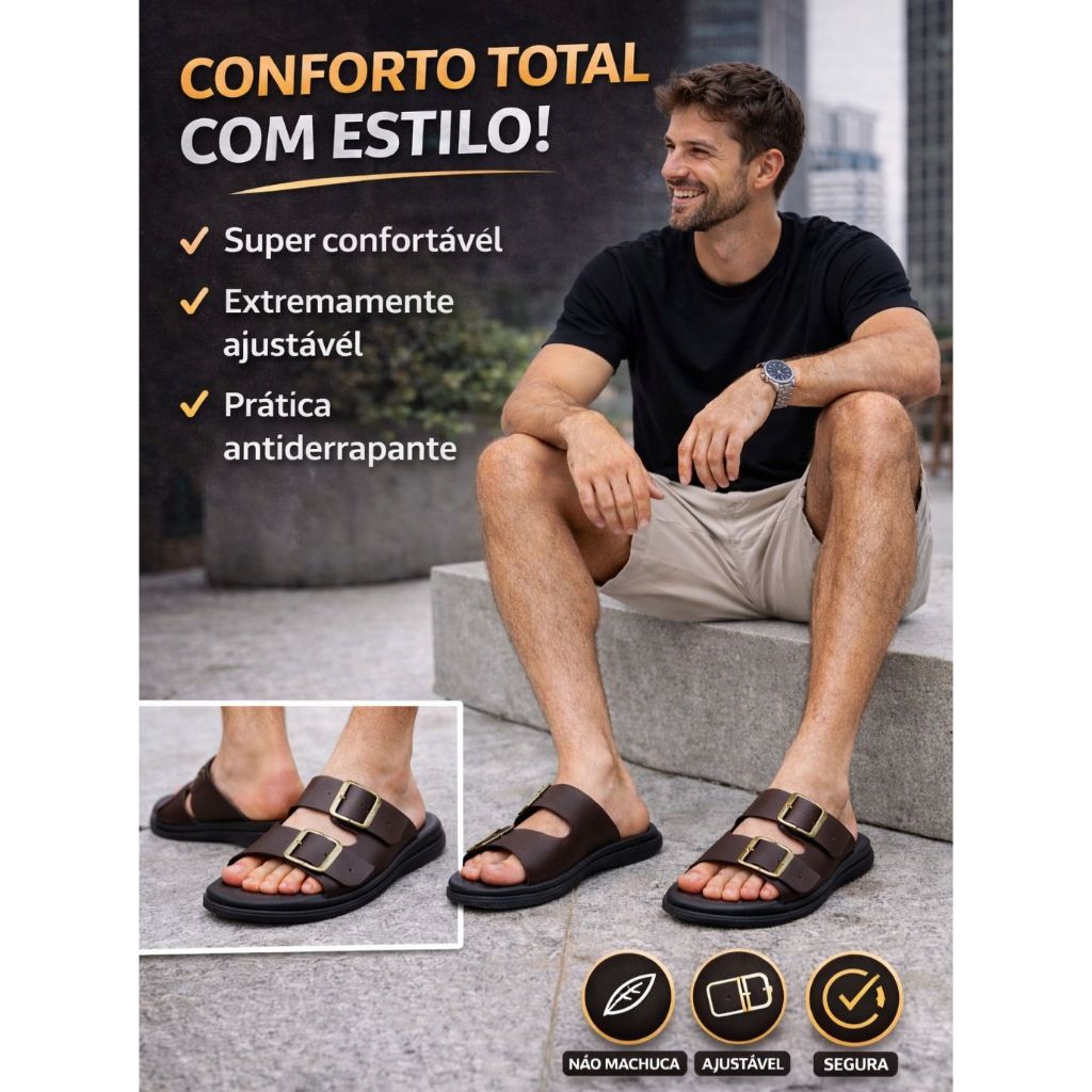Sandália Masculina Slide Premium com Fivelas Ajustáveis + Carteira Couro Sintético – Conforto e Estilo Casual