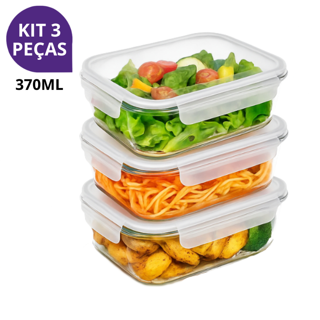 Kit 3 Potes Hermético Vidro 370ml Marmita Fitness Tampa 4 Travas Para Microondas e Freezer