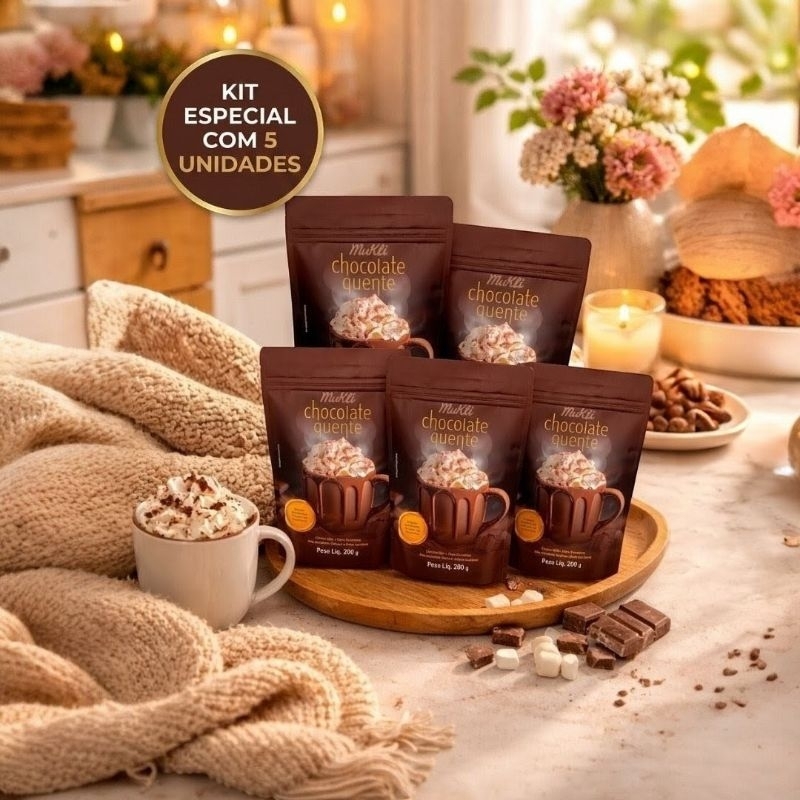 Chocolate Quente Cremoso Mukli 200g | Estilo Cafeteria | Sabor Intenso | Serra Gaúcha | 5 pacotes