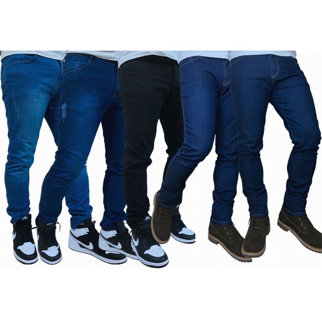 Kit com 5 Calças Jeans Masculina Premium Skinny Corte tradicional Basico com Lycra Lavagem Clara Escura ou Preta