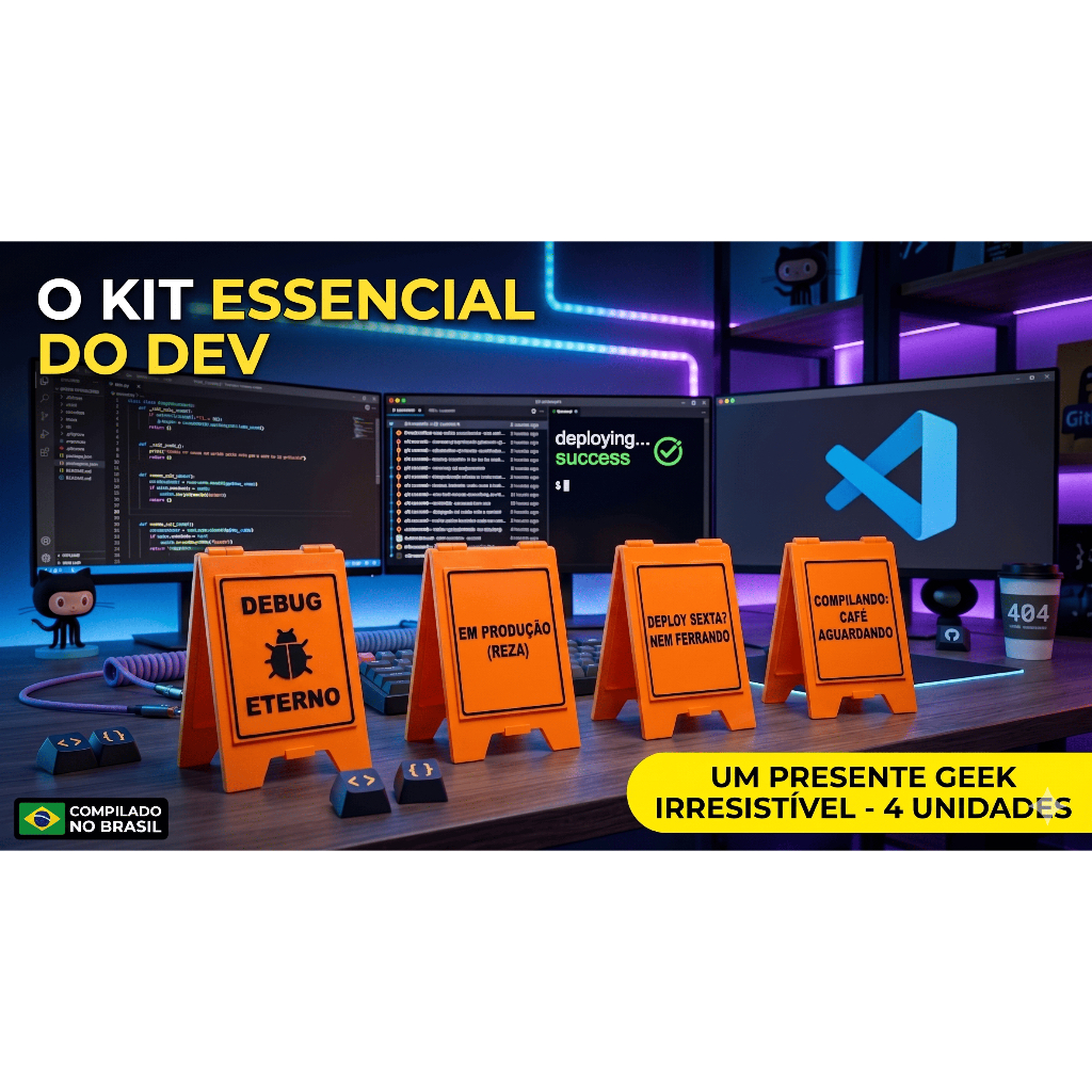 Kit Placa DEV Humorada - 4un · Debug Eterno, Em Produção (Reza) Presente Geek Programador Escritório