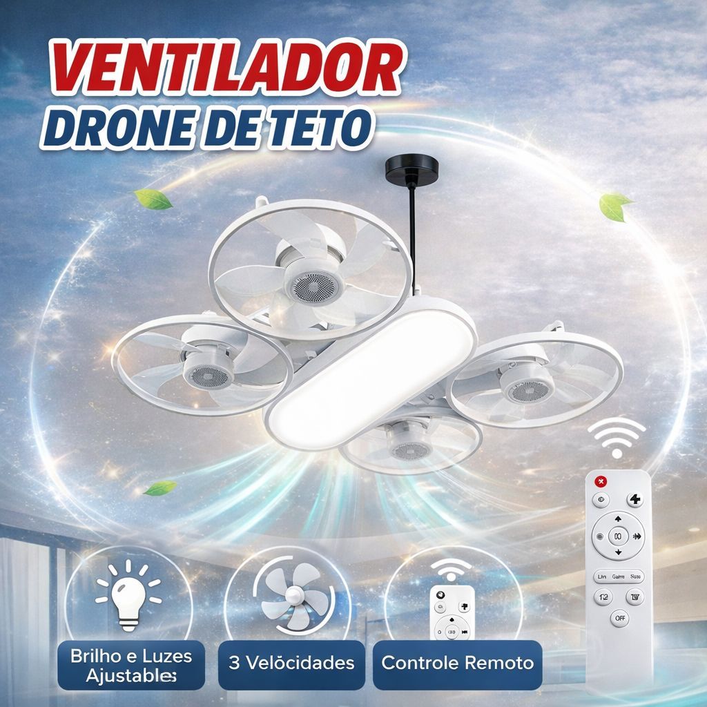 Ventilador de Teto 2 em 1 Silencioso E27 com Luz LED Dimerizável Design Dobrável Elétrico e Moderno