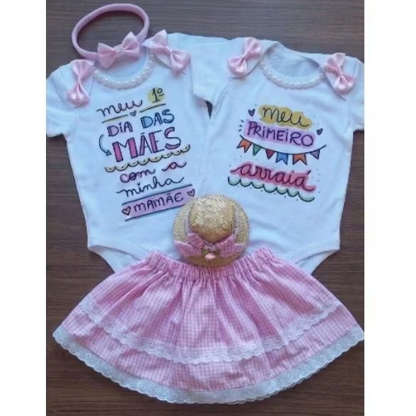 Kit body bebê Menina dia das mães e festa Junina Conjunto com 5 peças Meu primeiro dia das mães meu priemiro arraiá