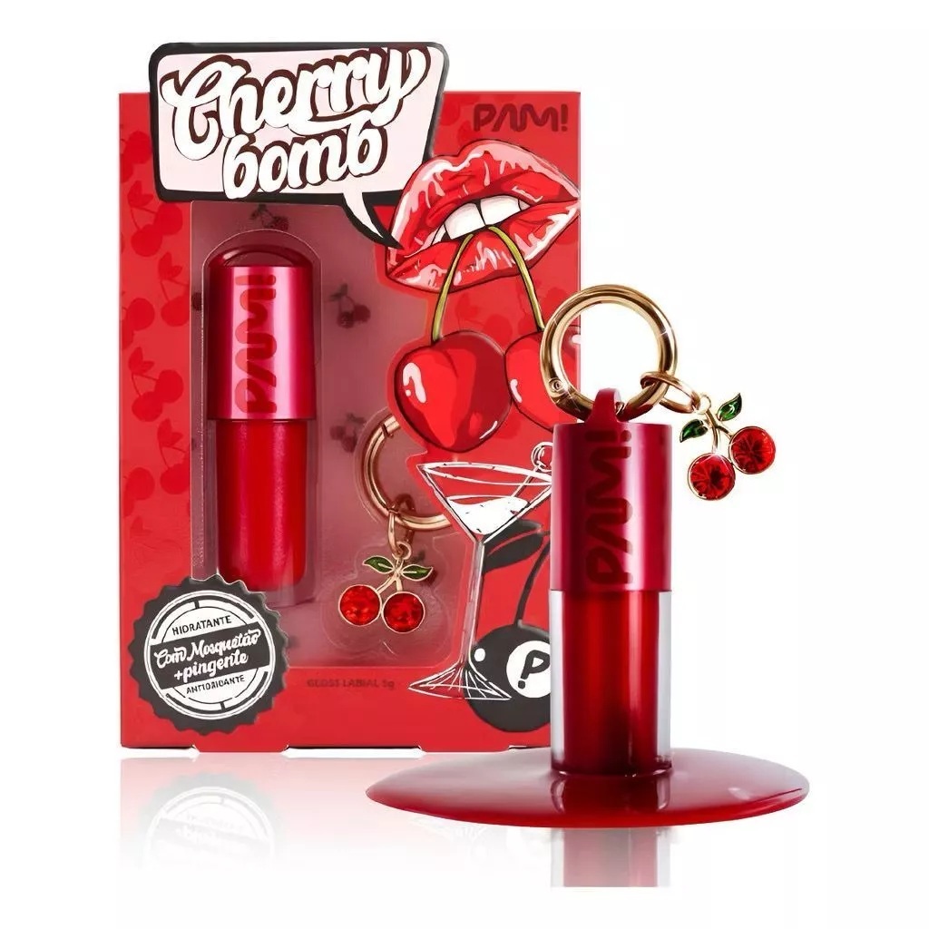 Gloss Labial Cherry Bomb com Pingente de Cereja Brilho Espelhado Hidratante Efeito Volume Lábios Macios