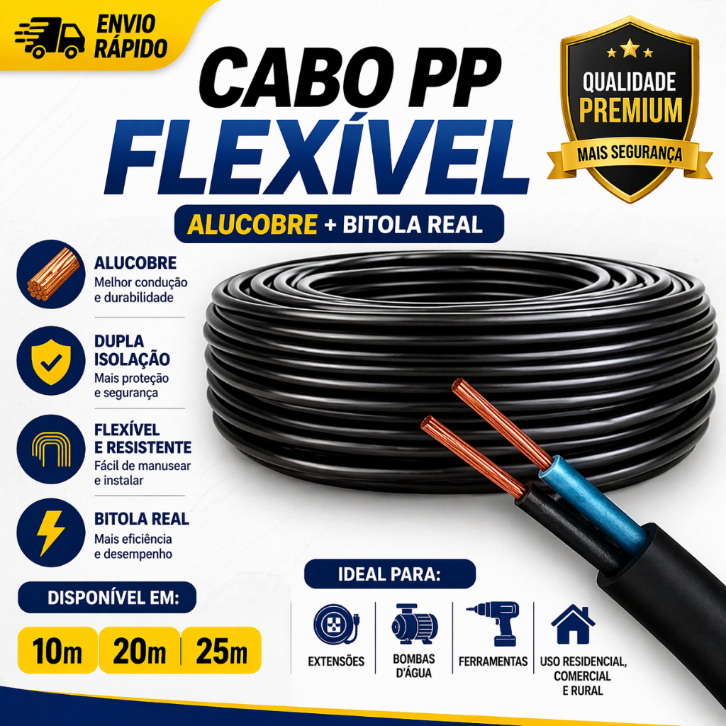 Cabo PP Flexível  2x1,5  10m 20m 25m Extensão Ferramenta Bomba Dágua