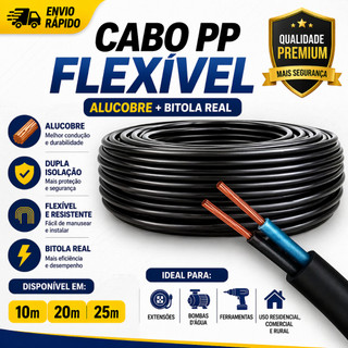 Cabo PP Flexível  2x1,5  10m 20m 25m Extensão Ferramenta Bomba Dágua