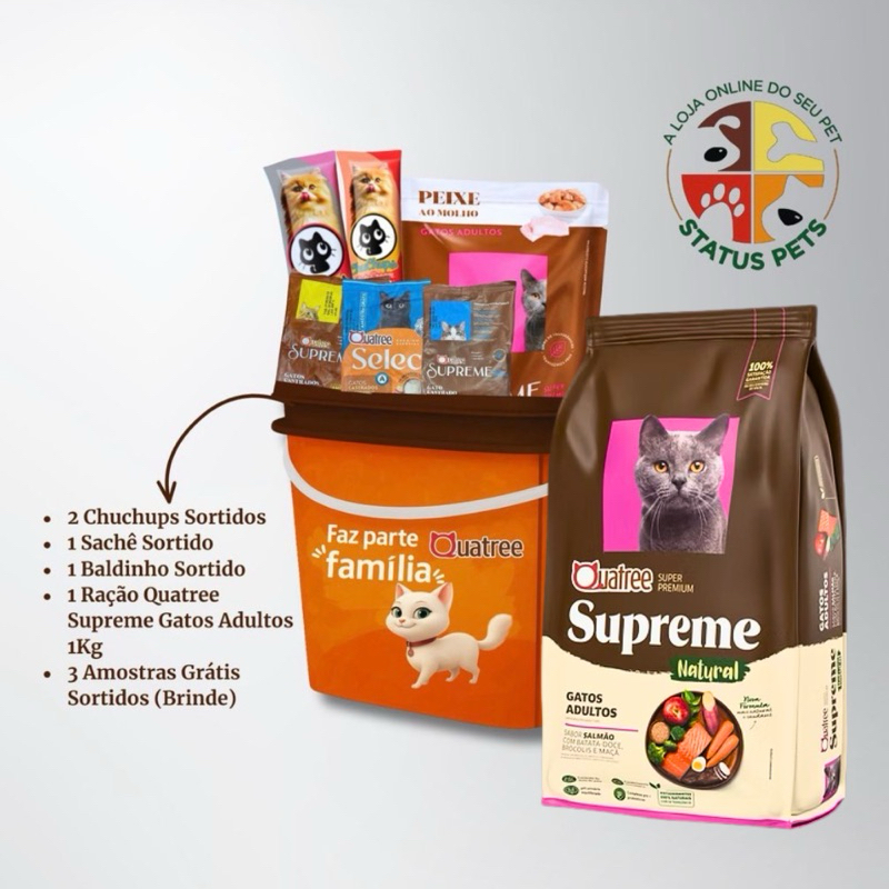 KIT Premium Quatree Supreme Gatos Adultos Sabor Salmão + Petiscos + Balde Brinde