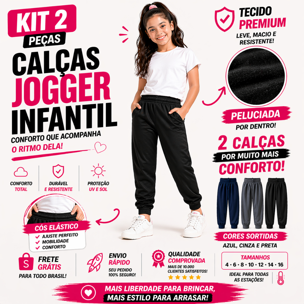 Kit 2 Calças Jogger Infantil Juvenil Feminina Peluciada 4 ao 16
