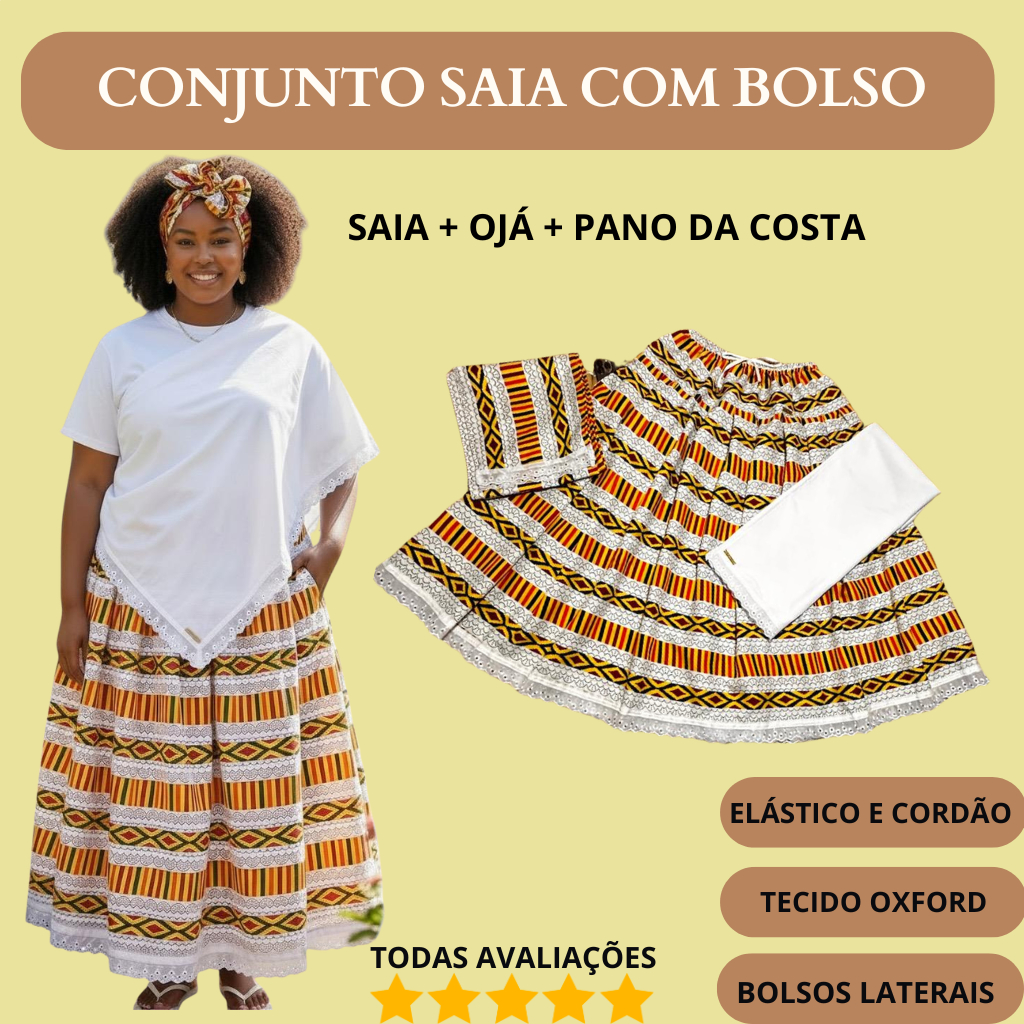 KIT SAIA RAÇÃO COM BOLSO + OJÁ + PANO COSTA EM OXFORD UMBANDA/CANDOMBLE 3,5M RODA E 90CM COMPRIMENTO