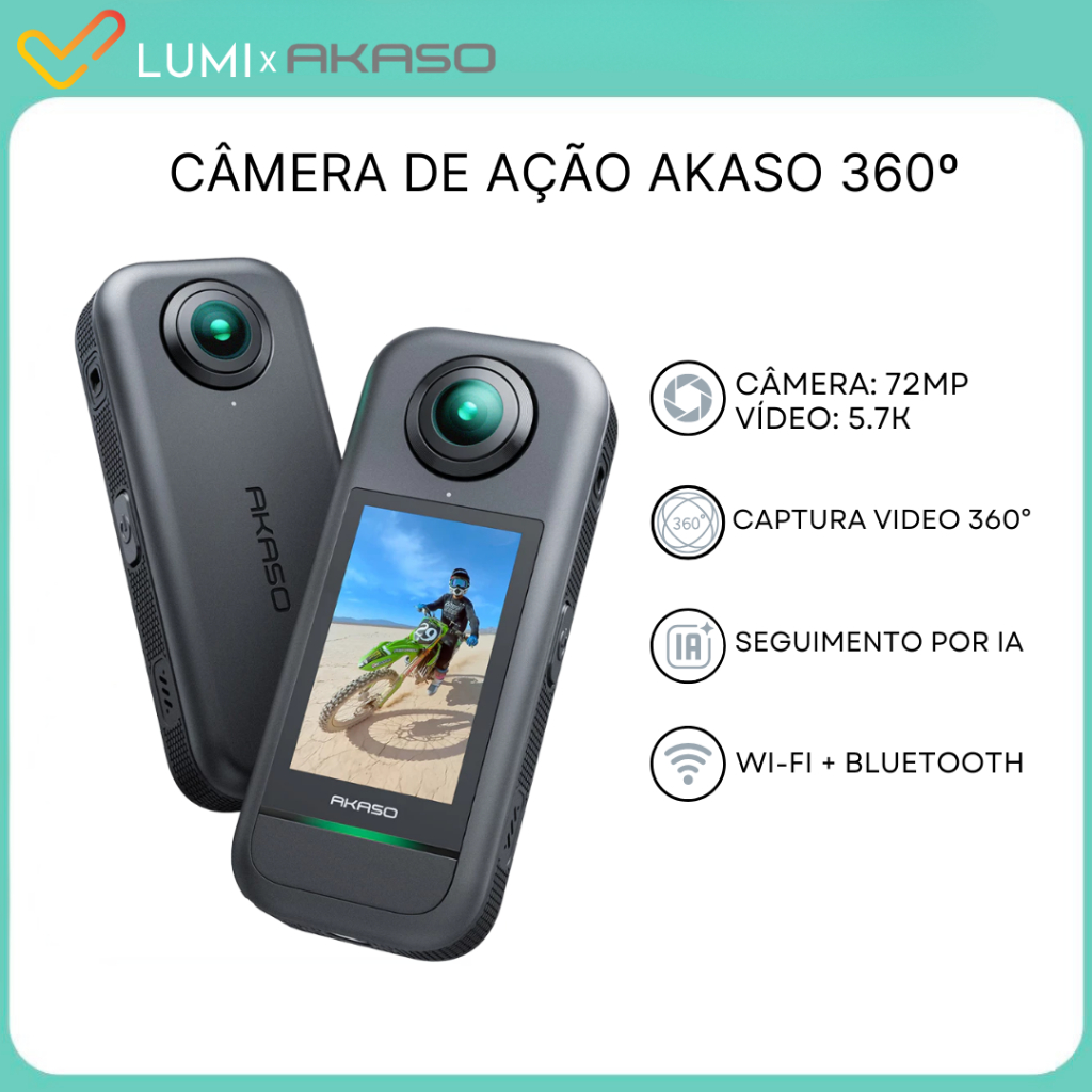 Akaso 360º Câmera de Ação, Vídeo 5.7K , Câmera 72MP, MicroSD 128GB,, Efeito Selfie Stick