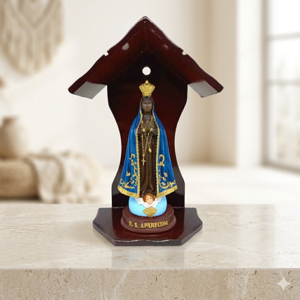 Capela Madeira 20cm com Nossa Senhora Aparecida 15cm Resina Decoração Altar Presente Fé Imagem Religiosa Santo de Resina