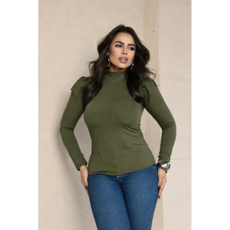 Blusa Feminina Manga Longa Princesa Bufante Gola Alta Malha Canelada Moda Inverno