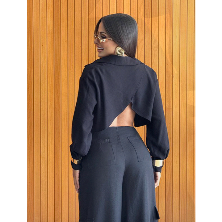 Conjunto Alana - moderno e elegante cropped de manga longa e calça de cintura alta