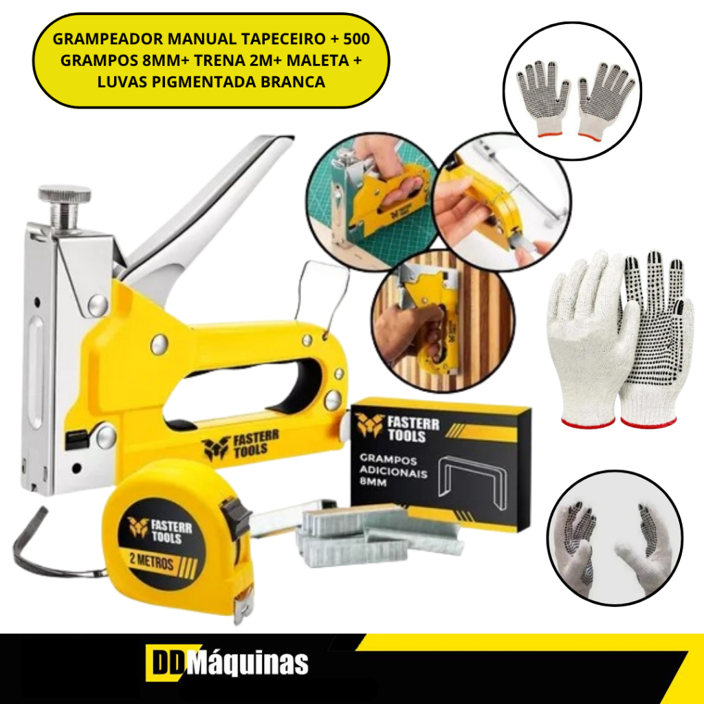 Kit Grampeador Tapeceiro + 500 Grampos 8MM + Trena 2M + Maleta + Luva Pigmentada - Fasterr/Bestfer