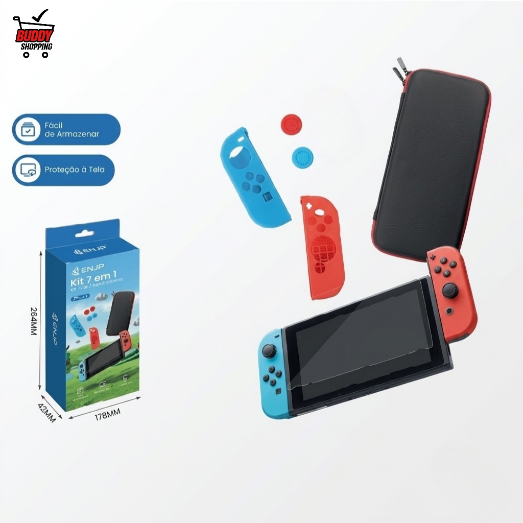 Kit Acessórios Nintendo Switch 7 em 1 Case Rígida 2 Películas Vidro 2 Capas Silicone e 2 Grips Joycon KNUP em Oferta na Shopee