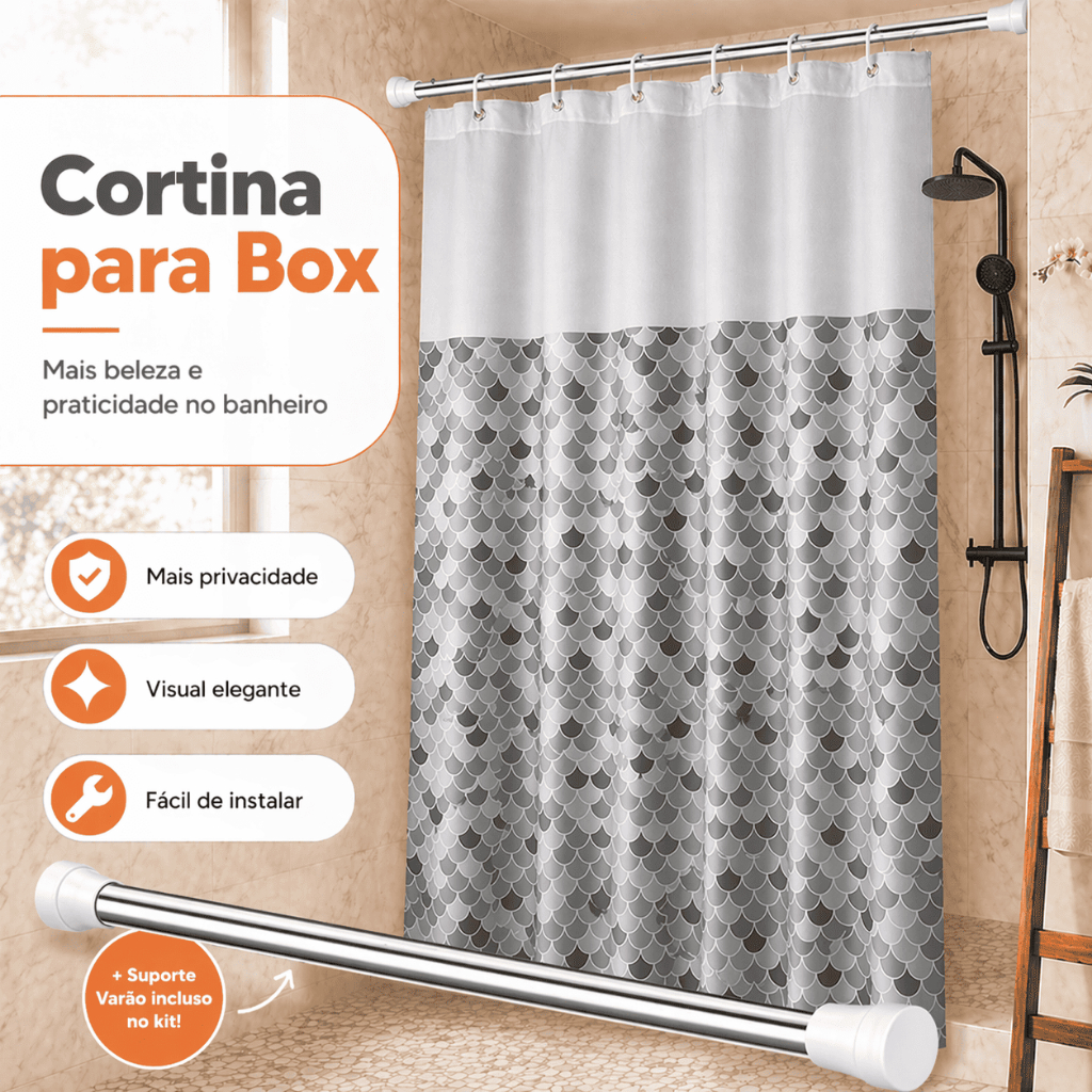 Cortina Box Banheiro Chuveiro Anti Mofo Com Ganchos Impermeável + Varão Suporte Extensível