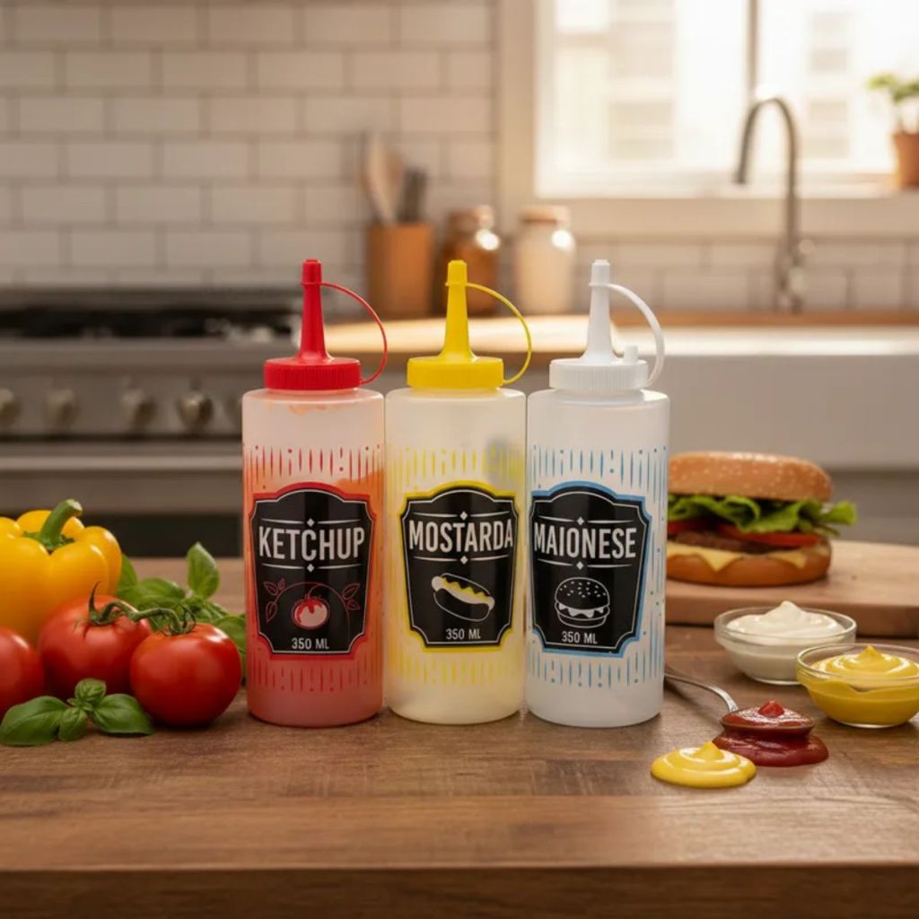 Kit 3 Bisnagas Para Molhos 350Ml Ketchup Mostarda Maionese Lanchonete Lanches