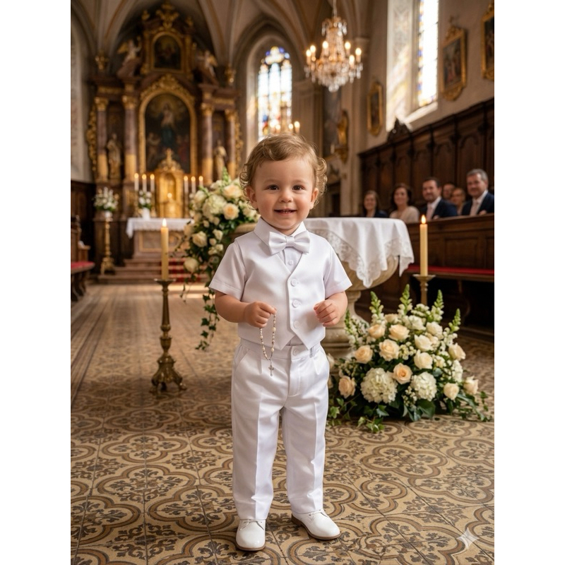 Conjunto Infantil Menino Social Luxo Branco com Colete, Body e Calça Batizado Casamento Pajem Menino