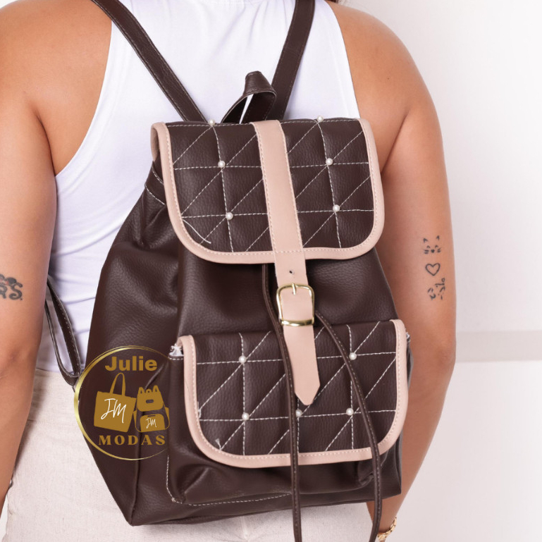 Mochila Feminina para Notebook em Couro Sintético Grande Impermeável Moderna