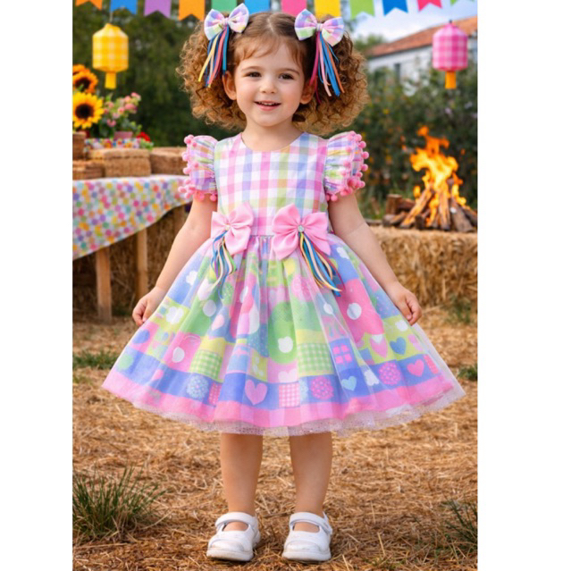 Vestido Infantil QUADRILHA XADREZ ROSA COM TULE / ACOMPANHA 01 PAR DE LAÇO DO MEMSO TECIDO (Festa Junina)