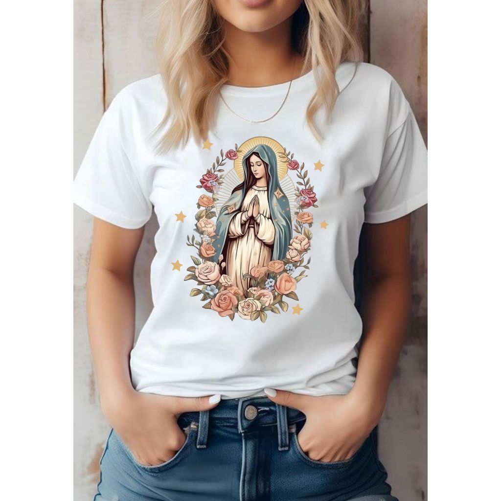 Camiseta Feminina Country Virgem Maria Estampada Estilosa T-Shirt Católica