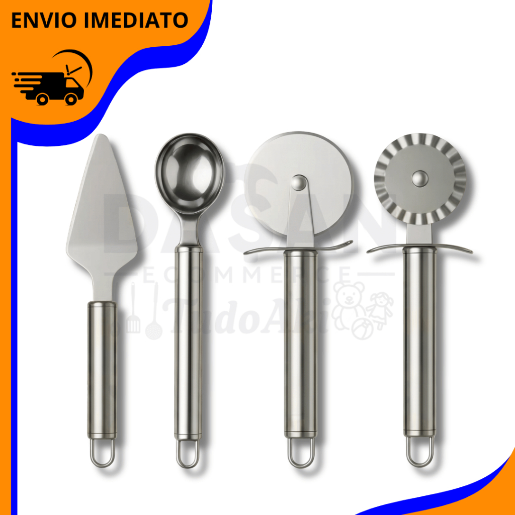 Kit de 4 peças em aço inoxidável - cortador de pizza, rolo para massa, colher para sorvete e espátula para bolo